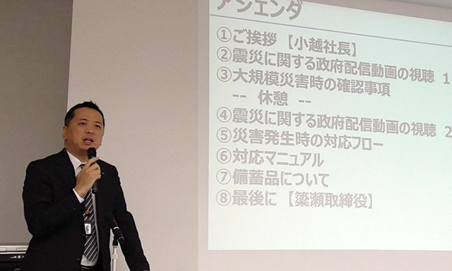 President of TOMY Marketing, Yoshimitsu Ogoshi explains new BCP to employees