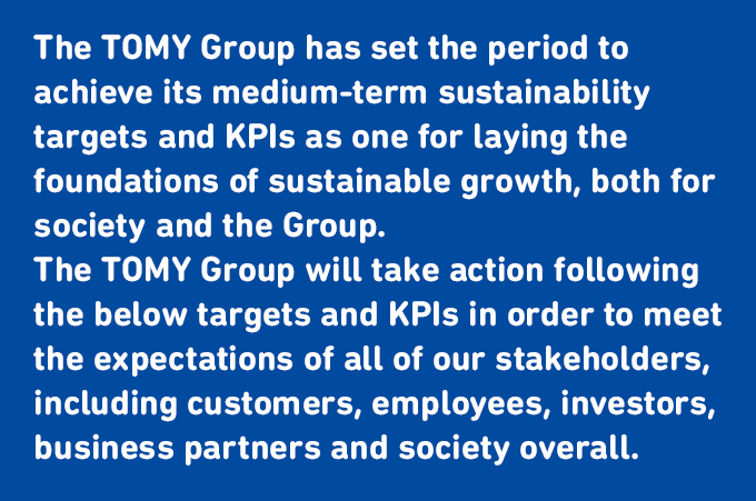 The TOMY Group has set the period to achieve its medium-term sustainability targets and KPIs as one for laying the foundations of sustainable growth, both for society and the Group.