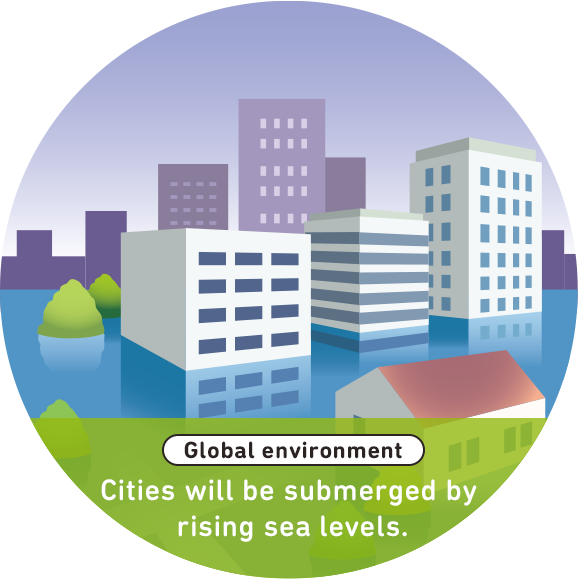 Global environment Cities will be submerged by rising sea levels.