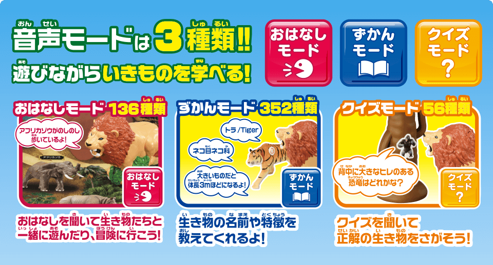 音声モードは3種類！！遊びながらいきものを学べる！　おはなしモード136種類　ずかんモード352種類　クイズモード56種類