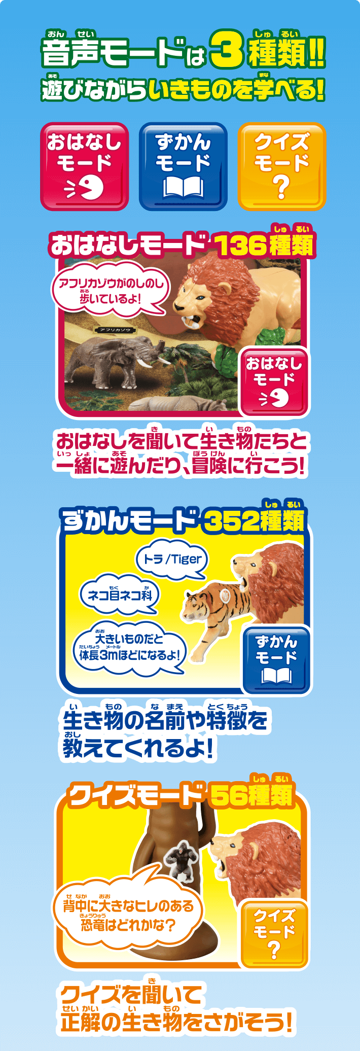 音声モードは3種類！！遊びながらいきものを学べる！　おはなしモード136種類　ずかんモード352種類　クイズモード56種類