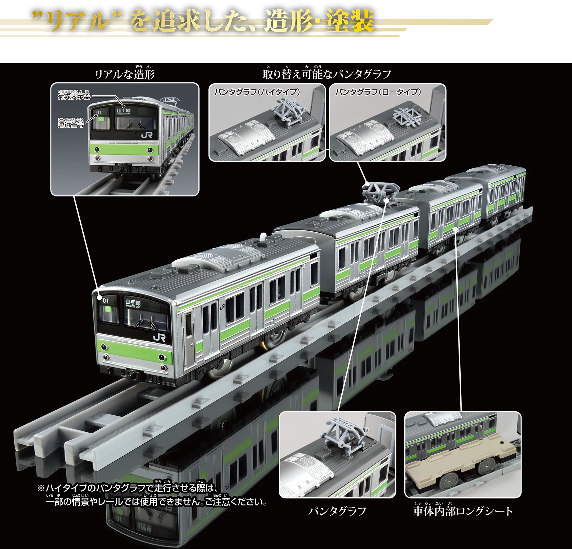 “リアル”を追求した、造形・塗装｜リアルな造形〔行先表示器〕〔運行番号〕｜取り替え可能なパンタグラフ〔パンタグラフ（ハイタイプ）｜パンタグラフ（ロータイプ〕｜パンタグラフ｜車内内部ロングシート｜※ハイタイプのパンタグラフで走行させる際は、一部の情景やレールでは使用できません。ご注意ください。