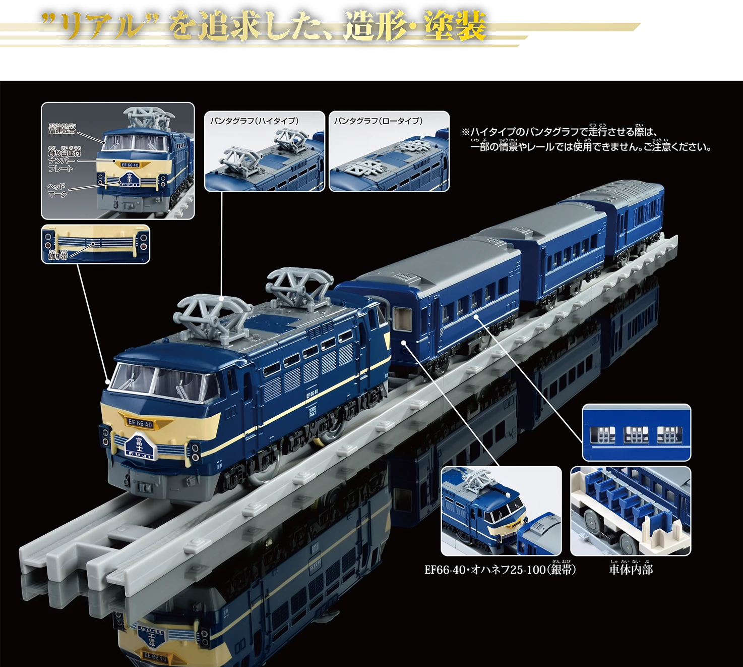 “リアル”を追求した、造形・塗装｜高運転台｜飾り台座付きナンバープレート｜ヘッドマーク｜飾り帯｜パンタグラフ（ハイタイプ）｜パンタグラフ（ロータイプ）｜EF60-40・オハネフ25-100（銀帯）｜※ハイタイプのパンタグラフで走行させる際は、一部の情景やレールでは使用できません。ご注意ください。