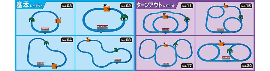 基本レイアウト：No.03 No.02 No.04 No.08｜ターンアウトレイアウト：No.11 No.15 No.17 No.20