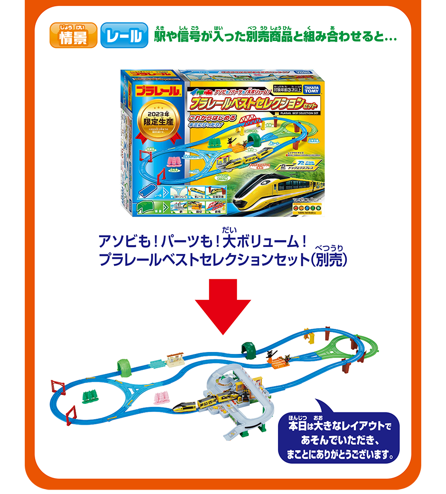 情景・レール｜駅や信号が入った別売商品と組み合わせると…｜アソビも！パーツも！大ボリューム！プラレールベストセレクションセット（別売）→「本日は大きなレイアウトであそんでいただき、まことにありがとうございます。」