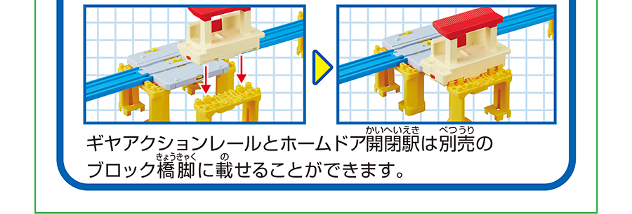 ギヤアクションレールとホームドア開閉駅は別売のブロック橋脚に載せることができます。