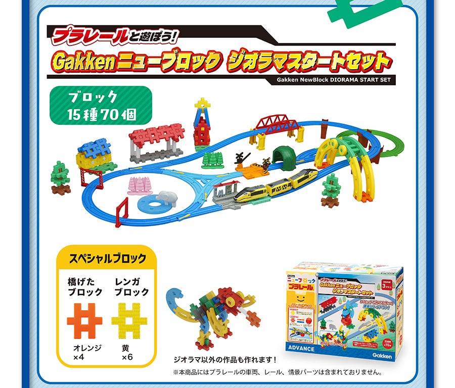 プラレールと遊ぼう！Gakken ニューブロック ジオラマスタートセット｜ブロック15種70個｜ジオラマ以外の作品も作れます！※本商品にはプラレールの車両、レール、情景パーツは含まれておりません。