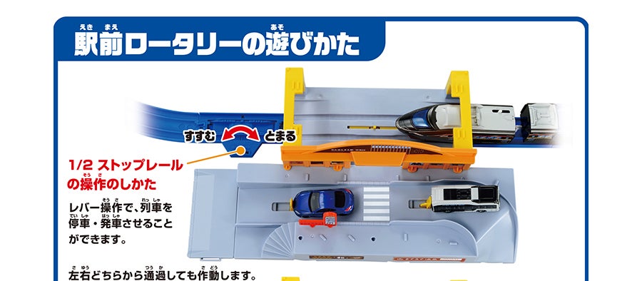 駅前ロータリーの遊びかた｜1/2ストップレールの操作のしかた｜レバー操作で、列車を停車・発車させることができます。左右どちらから通過しても作動します。