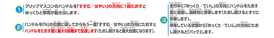 (1)グリップマスコンのハンドルを「すすむ／はやい」の方向に1回たおすとゆっくりと車両が動き出します。(2)ハンドルを「N」の位置に戻してからもう一度「すすむ／はやい」の方向にたおすとハンドルをたおす度に最大6段階まで加速します（たおし続けると最大加速になります）。(3)走行中に「ゆっくり／ていし」の方向にハンドルをたおす度に減速し、最終的に停車します（たおし続けるとすぐに停車します）。停車している状態から「ゆっくり／ていし」の方向にたおし続けると「バック」します。