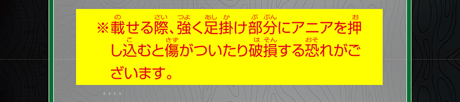 載せる際、強く足掛け部分にアニアを押し込むと傷がついたり破損する恐れがございます。