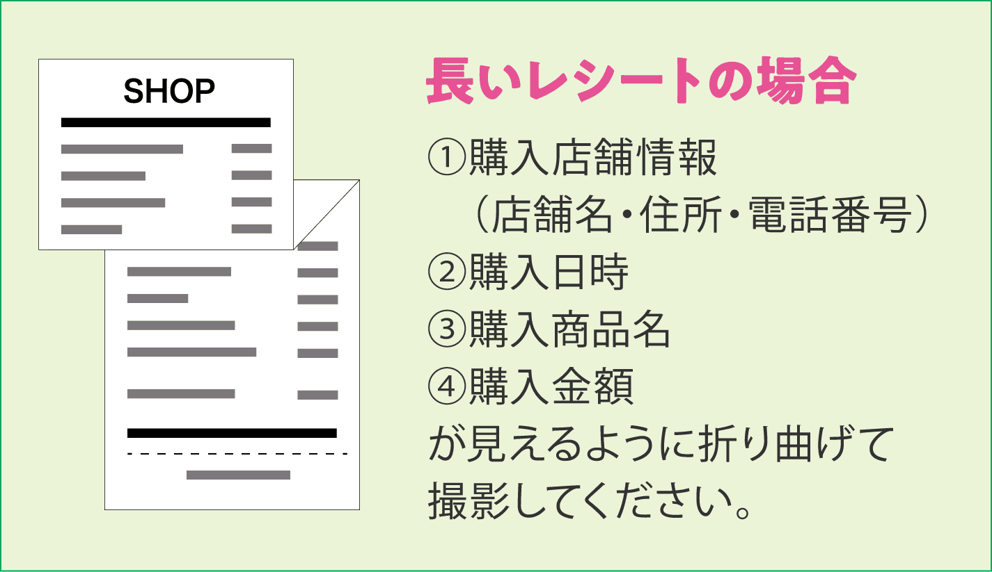 長いレシートの場合 ①購入店舗情報(店舗名・住所・電話番号) ②購入日時 ③購入商品名 ④購入金額 が見えるように折り曲げて撮影してください。