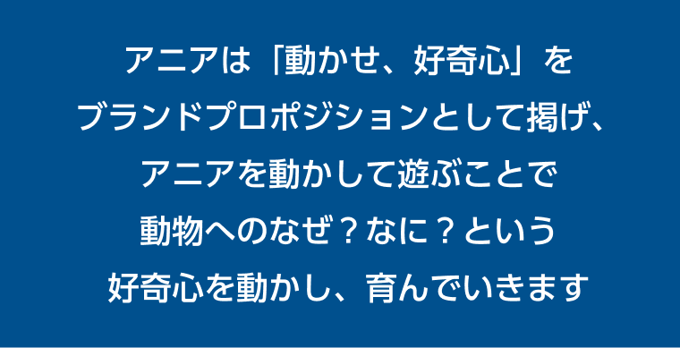 アニアは「動かせ、好奇心」をブランドプロポジションとして掲げ、アニアを動かして遊ぶことで動物へのなぜ？なに？という好奇心を動かし、育んでいきます