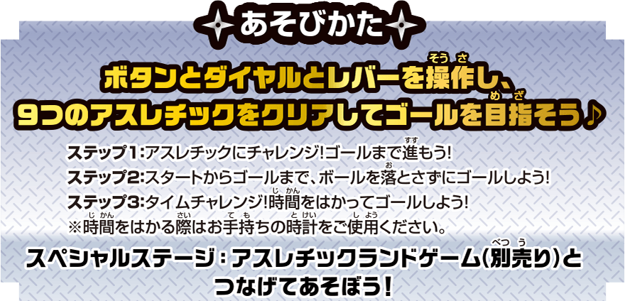 あそびかた ボタンとダイヤルとレバーを操作し、9つのアスレチックをクリアしてゴールを目指そう♪ ステップ1：アスレチックにチャレンジ！ゴールまで進もう！ ステップ2：スタートからゴールまで、ボールを落とさずにゴールしよう！ ステップ3：タイムチャレンジ！時間をはかってゴールしよう！※時間をはかる際はお手持ちの時計をご使用ください。スペシャルステージ：アスレチックランドゲーム（別売り）とつなげてあそぼう！