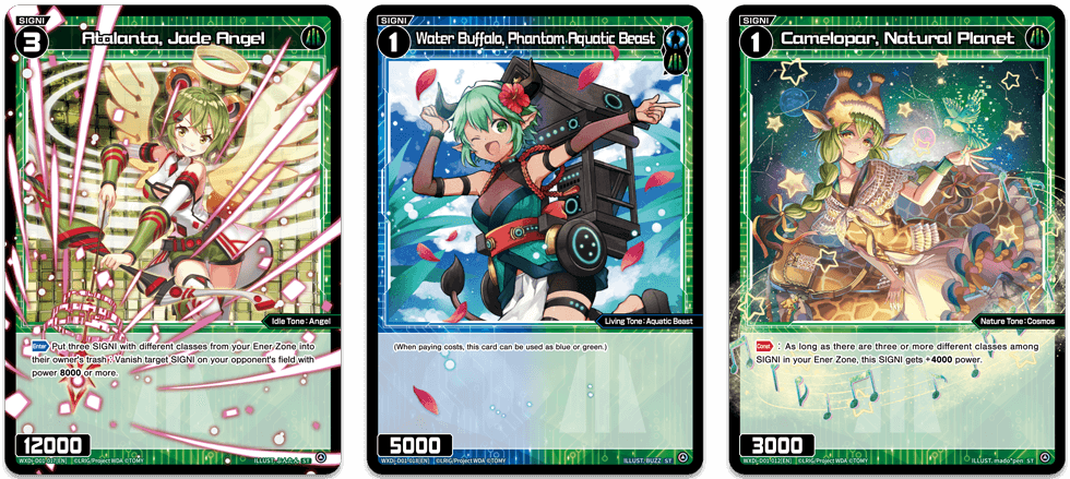 In WIXOSS, various motifs are transformed into characters, and they called SIGNI. They fight together under the LRIG's command. In this deck, you can see Angel, Beast, and Cosmos(!?) and more!