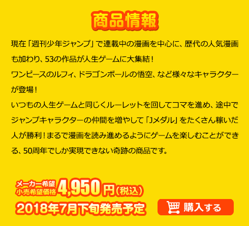 現在「週刊少年ジャンプ」で連載中の漫画を中心に、歴代の人気漫画も加わり、53の作品が人生ゲームに大集結！ワンピースのルフィ、ドラゴンボールの悟空、など様々なキャラクターが登場！
いつもの人生ゲームと同じくルーレットを回してコマを進め、途中でジャンプキャラクターの仲間を増やして「Jメダル」をたくさん稼いだ人が勝利！まるで漫画を読み進めるようにゲームを楽しむことができる、50周年でしか実現できない奇跡の商品です。
です。メーカー希望小売価格 4,950円(税込) 2018年7月下旬発売予定