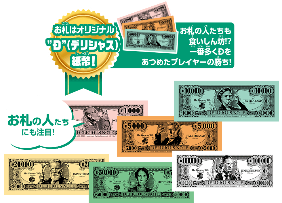 お札はオジルナル“D”(デリシャス)紙幣！ お札の人たちも食いしん坊!?一番多くDをあつめたプレイヤーの勝ち！