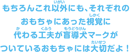 もちろんこれ以外にも、それぞれのおもちゃにあった視覚に代わる工夫が盲導犬マークがついているおもちゃには大切だよ！