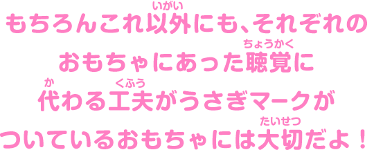 もちろんこれ以外にも、それぞれのおもちゃにあった聴覚に代わる工夫がうさぎマークがついているおもちゃには大切だよ！