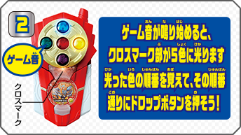 2 ゲーム音が鳴り始めると、クロスマーク部が5色に光ります 光った色の順番を覚えて、その順番通りにドロップボタンを押そう！ ゲーム音 クロスマーク