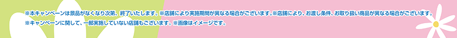 ※本キャンペーンは景品がなくなり次第、終了いたします。※店舗により実施期間が異なる場合がございます。※店舗により、お渡し条件、お取り扱い商品が異なる場合がございます。※キャンペーンに関して、一部実施していない店舗もございます。※画像はイメージです。