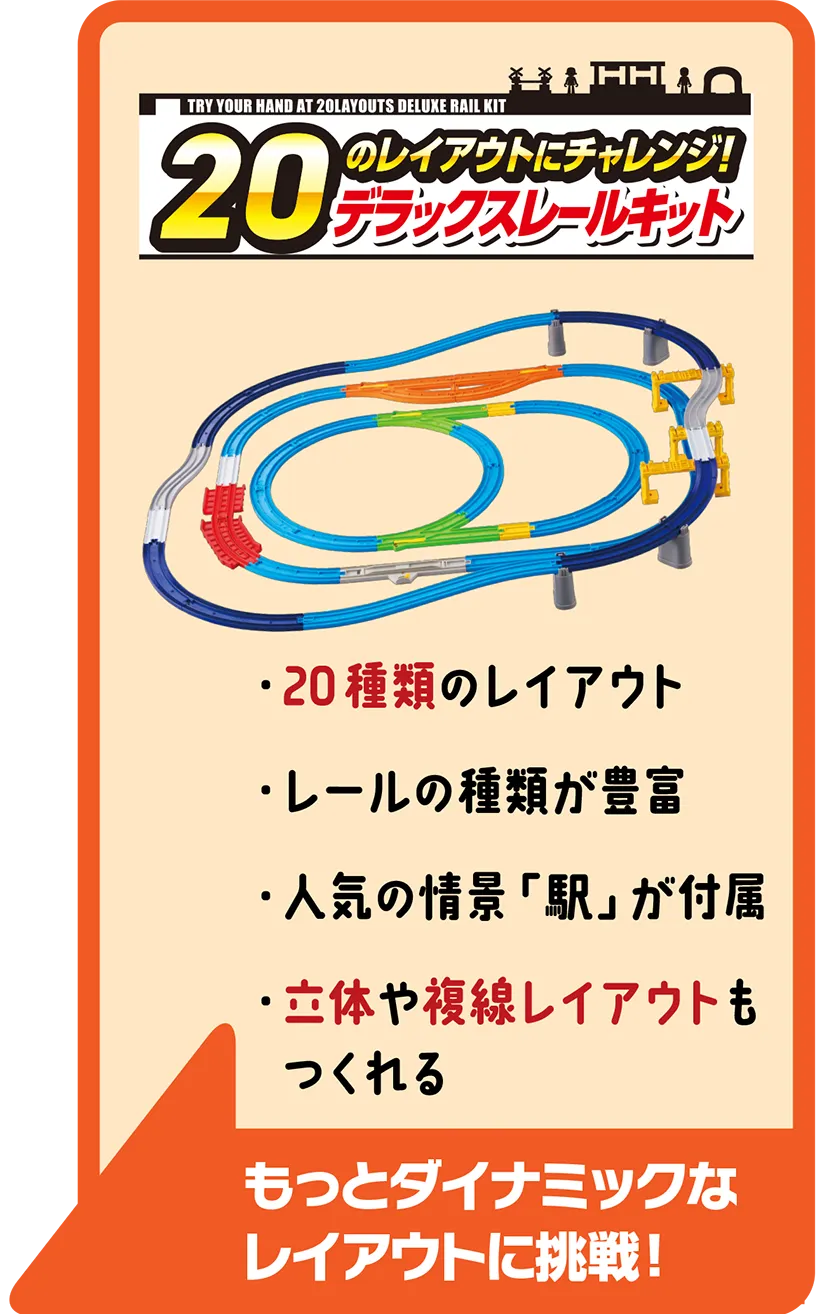 20のレイアウトにチャレンジ！ デラックスレールキット｜・20種類のレイアウト・レールの種類が豊富・人気の情景「駅」が付属・立体や複線レイアウトもつくれる｜もっとダイナミックなレイアウトに挑戦！
