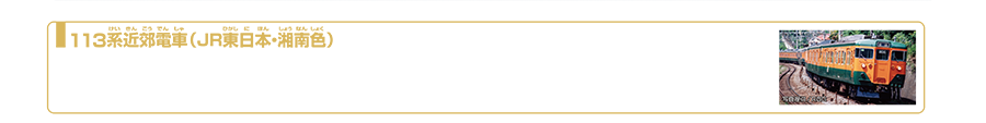 113系近郊電車（JR東日本・湘南色）｜113系は1963年(昭和38年)に登場した国鉄時代を代表する近郊形電車です。戦後間も無く登場した80系と同じ緑とオレンジ色の湘南色を引き継ぎ、湘南電車の中心的な存在として東海道線東京口で活躍しました。約40年以上の長きにわたり沿線住民に親しまれておりましたが、ダイヤ改正にともない2006年3月17日東京発列車を持ってJR東海道線東京〜熱海間から引退しました。2024年11月現在