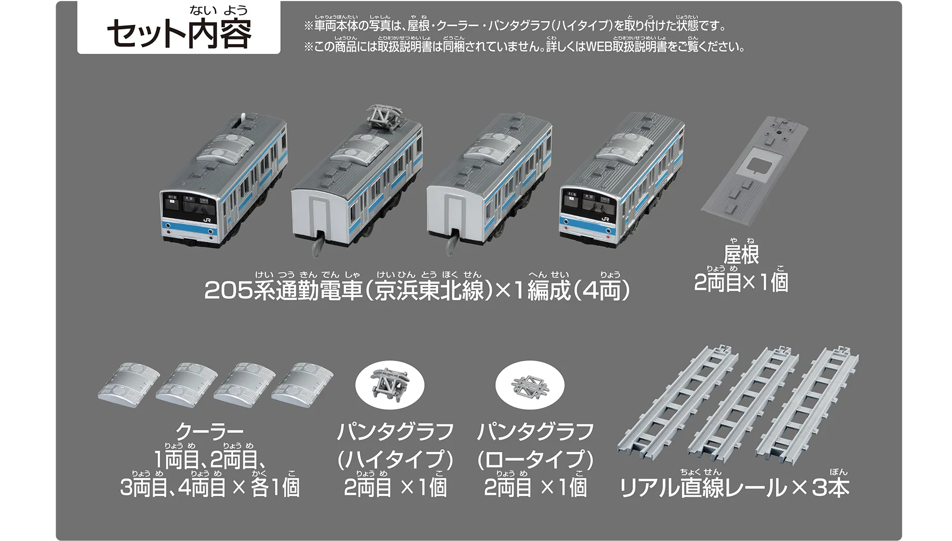 セット内容｜205系通勤電車（京浜東北線）×1編成（4両）｜屋根 2両目×1個｜クーラー 1両目、2両目、3両目、4両目×各1個｜パンタグラフ（ハイタイプ）2両目×1個｜パンタグラフ（ロータイプ）2両目×1個｜リアル直線レール×3本｜※車両本体の写真は、屋根・クーラー・パンタグラフ（ハイタイプ）を取り付けた状態です。※この商品には取扱説明書は同梱されていません。詳しくはWEB取扱説明書をご覧ください。