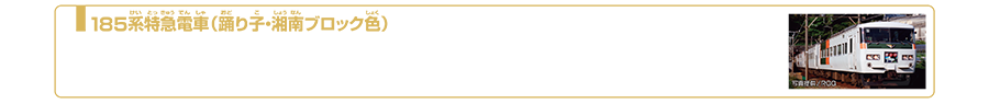 185系特急電車（踊り子・湘南ブロック色）｜185系は1981年（昭和56年）3月から運用が開始された直流特急形電車です。東京〜伊豆方面に向かう特急「踊り子」や「湘南ライナー」などを中心に、昭和、平成、令和と三世代を走り続けてきましたが、2021年3月12日に定期運用を終了しました。車体にホワイトをベースに湘南色のオレンジ色と緑色をブロックパターンで配した「湘南ブロック色」仕様は、1999年頃から塗装変更が行われ2017年頃まで活躍していました。2023年4月現在