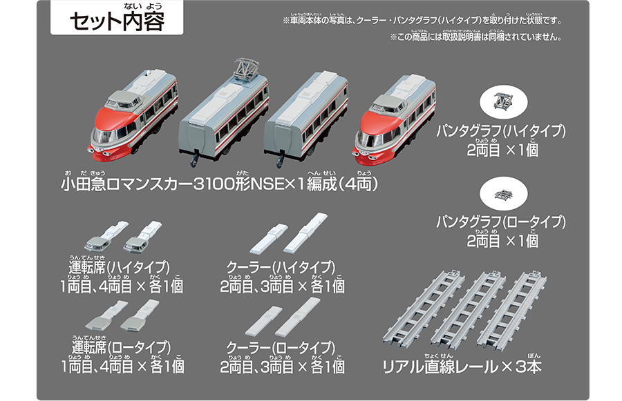 セット内容｜小田急ロマンスカー3100形NSE×1編成（4両）｜パンタグラフ（ハイタイプ）2両目×1個｜運転席（ハイタイプ）1両目、4両目×各1個｜クーラー（ハイタイプ）2両目、3両目×各1個｜運転席（ロータイプ）1両目、4両目×各1個｜クーラー（ロータイプ）2両目、3両目×各1個｜リアル直線レール×3本