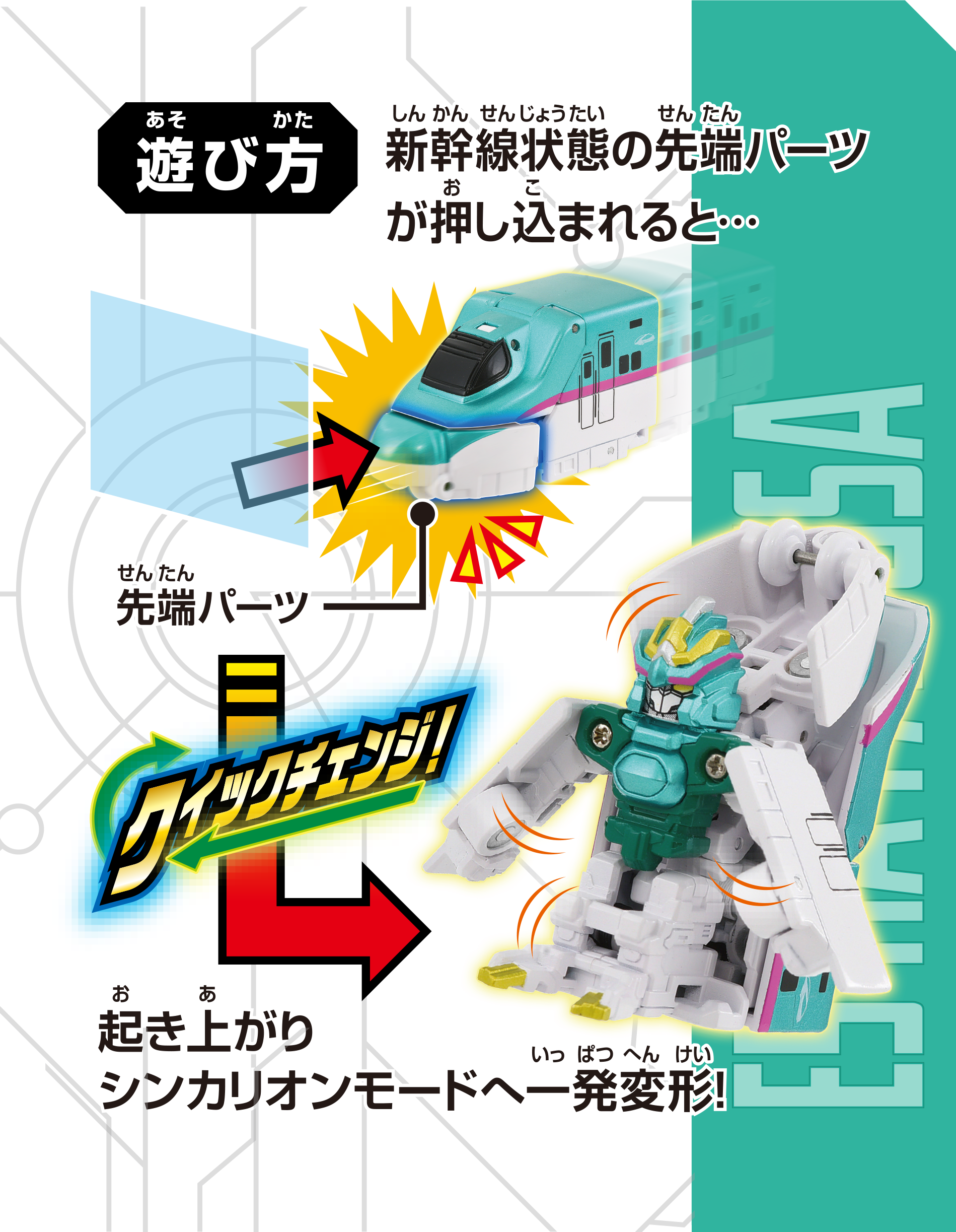 遊び方｜新幹線状態の先端パーツが押し込まれると…｜クイックチェンジ！ 起き上がりシンカリオンモードへ一発変形！