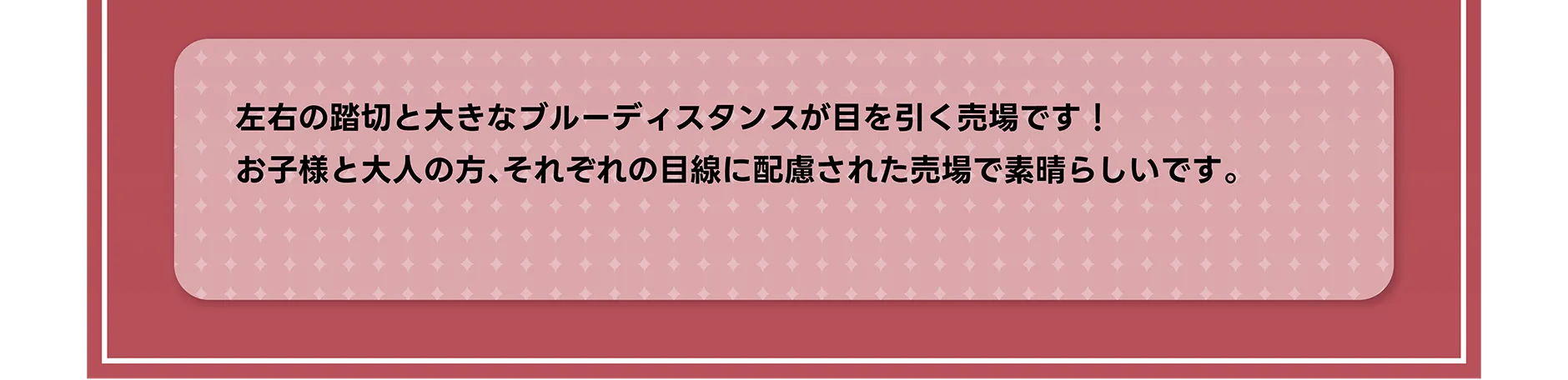 左右の踏切と大きなブルーディスタンスが目を引く売場です！お子様と大人の方、それぞれの目線に配慮された売場で素晴らしいです。