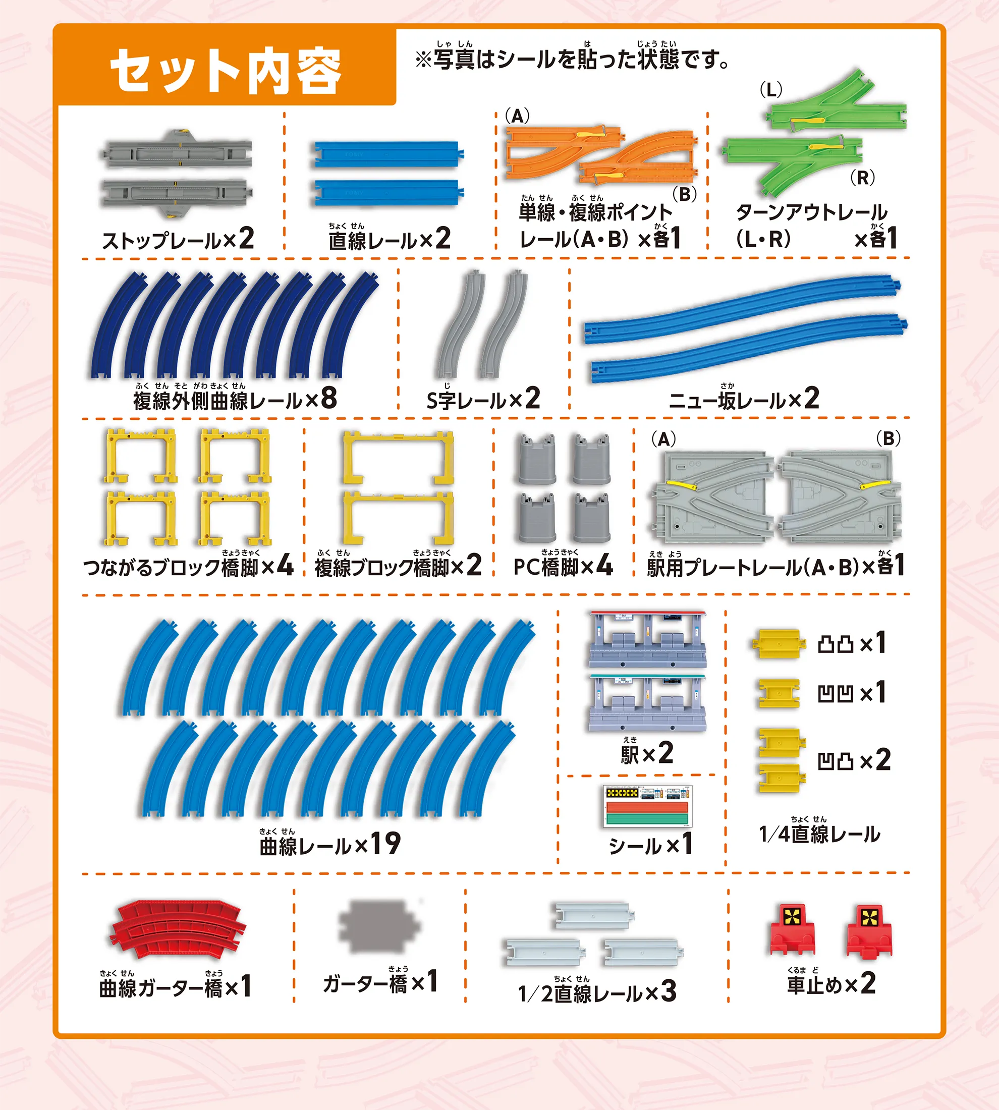 セット内容：ストップレール×2｜直線レール×2｜単線・複線ポイントレール(A・B)×各1｜ターンアウトレール(L・R)×各1｜複線外側曲線レール×8｜S字レール×2｜ニュー坂レール×2｜つながるブロック橋脚×4｜複線ブロック橋脚×2｜PC橋脚×4｜駅用プレートレール(A・B)×各1｜曲線レール×19｜駅×2｜1/4直線レール凸凸×1、凹凹×1、凸凹×2｜シール×1｜曲線ガーター橋×1｜ガーター橋×1｜1/2直線レール×3｜車止め×2
