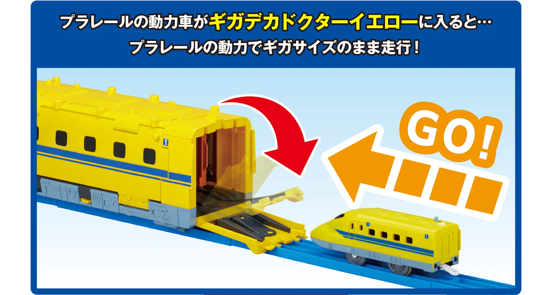 プラレールの動力車がギガデカドクターイエローに入ると… プラレールの動力でギガサイズのまま走行！｜「GO!」