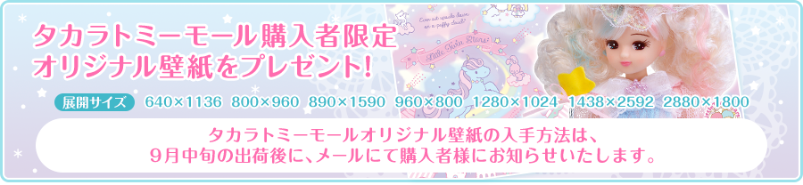 タカラトミーモール購入者限定 オリジナル壁紙をプレゼント！ 展開サイズ 640×1136  800×960  890×1590  960×800  1280×1024  1438×2592  2880×1800 タカラトミーモールオリジナル壁紙の入手方法は、9月中旬の出荷後に、メールにて購入者様にお知らせいたします。