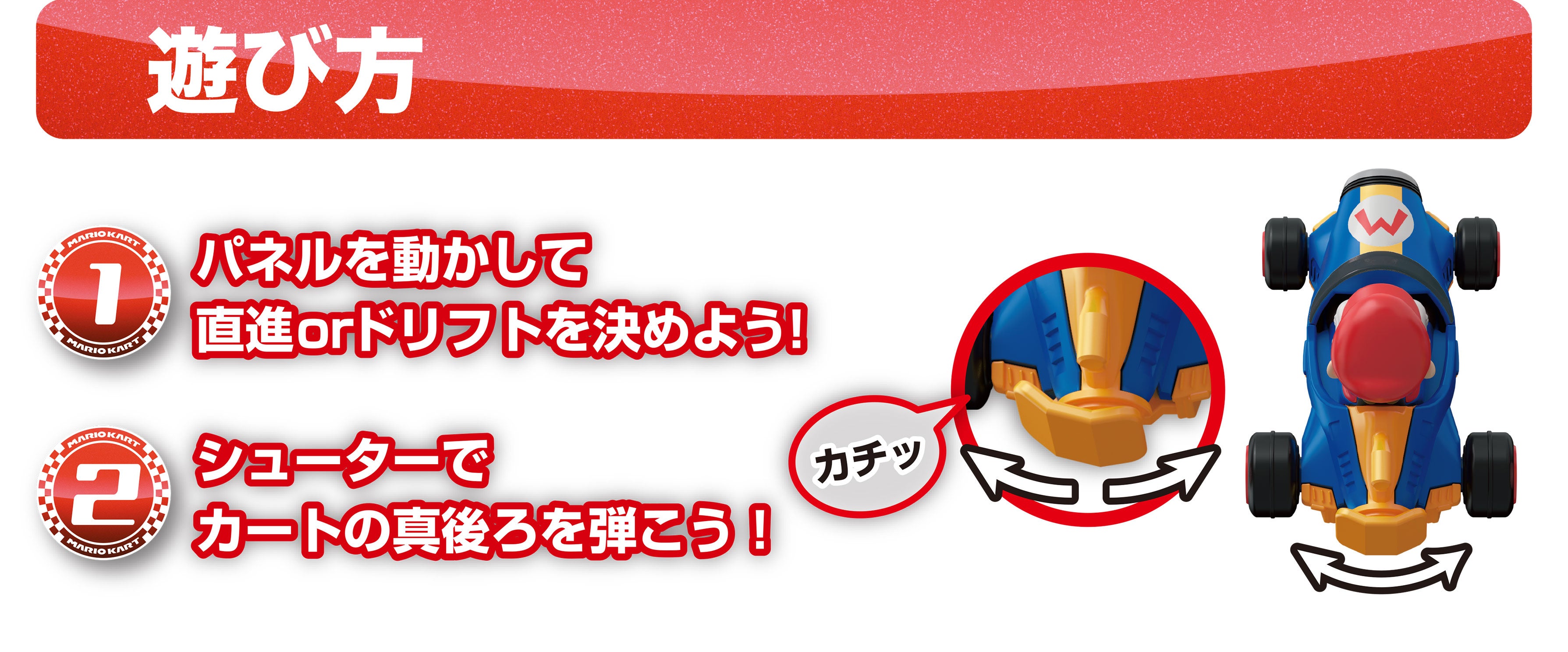 遊び方｜(1)パネルを動かして直進orドリフトを決めよう！(2)シューターでカートの真後ろを弾こう！