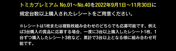 応募条件：トミカプレミアムNo.1〜No.40を2022年9月1日〜11月30日に規定台数以上購入されたレシートをご用意ください。