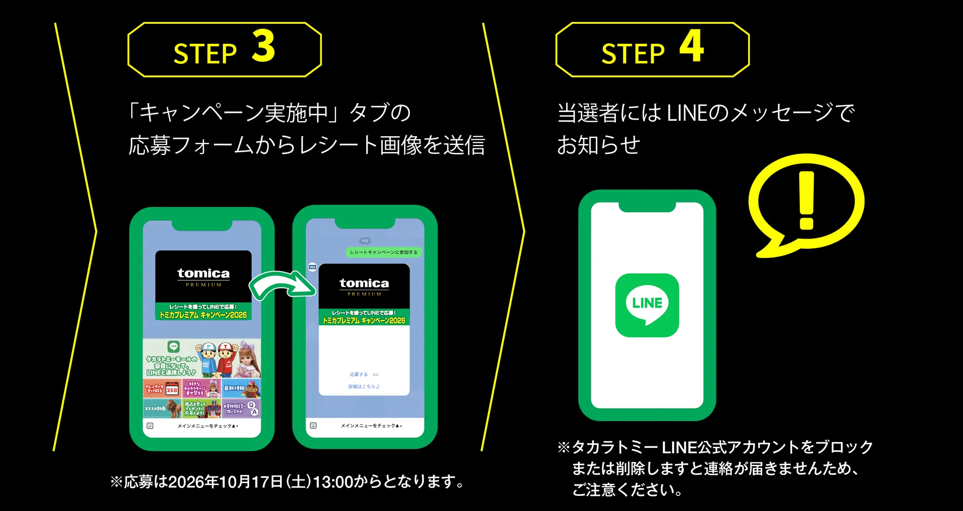 STEP3:「キャンペーン実施中」タブの応募フォームからレシート画像を送信(※応募は2026年10月17日(土)13:00からとなります。)|STEP4:当選者にはLINEのメッセージでお知らせ(※タカラトミーLINE公式アカウントをブロックまたは削除しますと連絡が届きませんため、ご注意ください。)