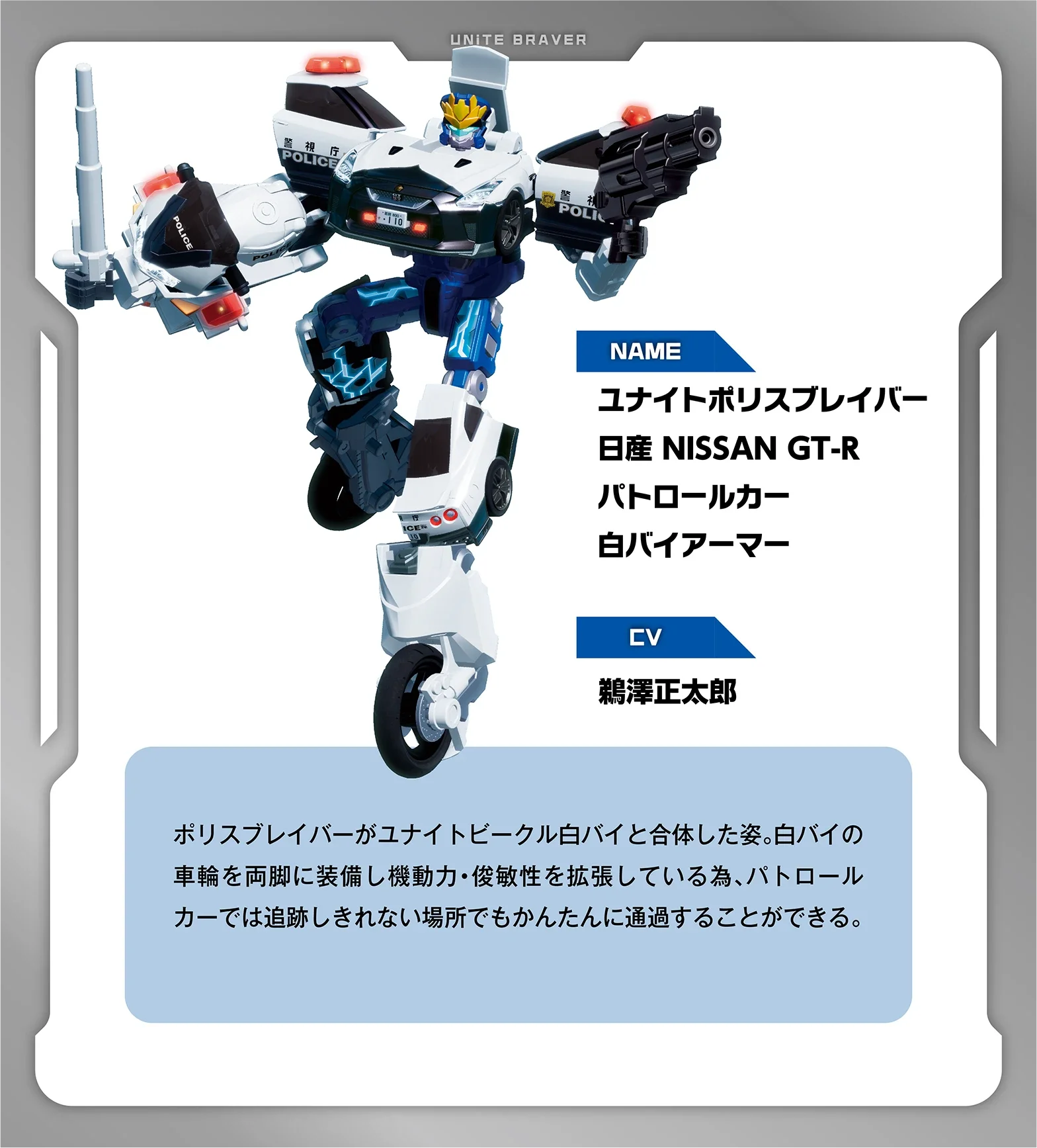 NAME：ユナイトポリスブレイバー 日産 NISSAN GT-R パトロールカー 白バイアーマー｜CV：鵜澤正太郎｜ポリスブレイバーがユナイトビークル白バイと合体した姿。白バイの車輪を両脚に装備し機動力・俊敏性を拡張している為、パトロールカーでは追跡しきれない場所でもかんたんに通過することができる。
