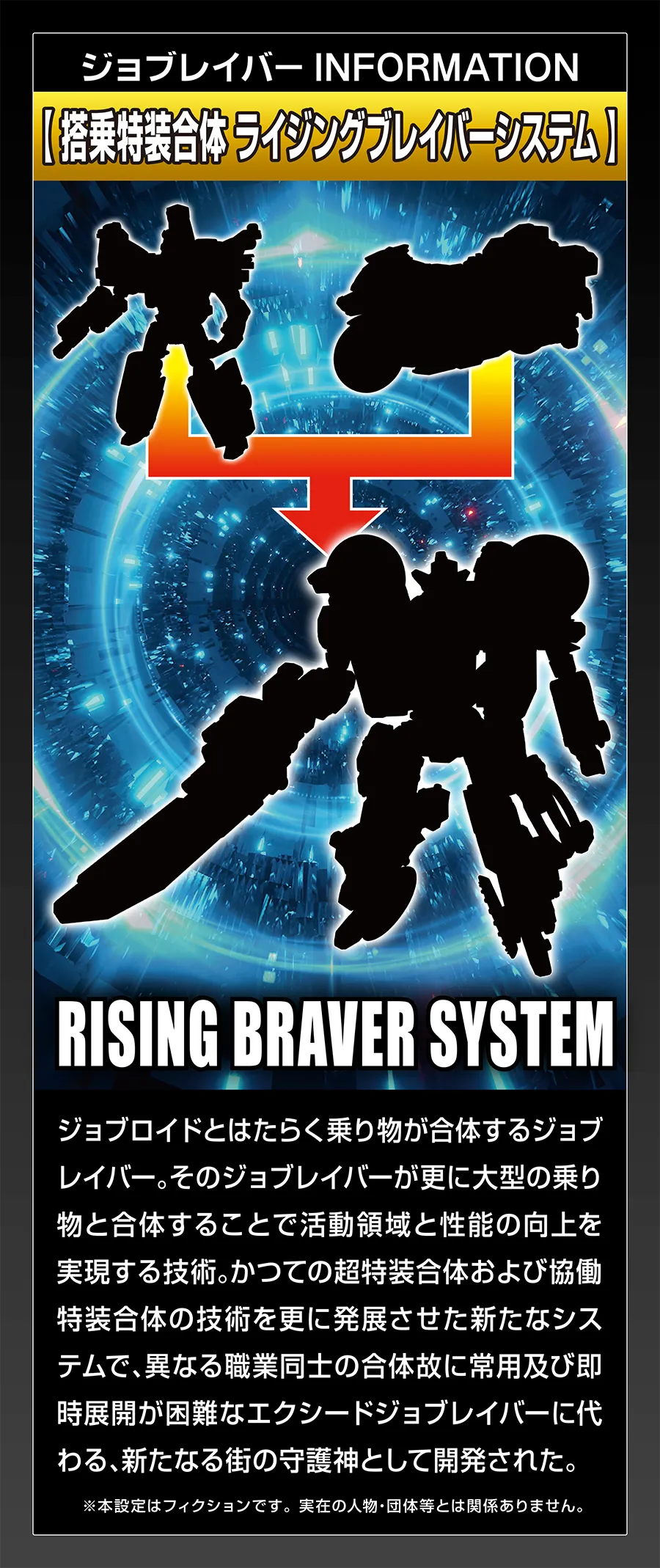 ジョブレイバー INFORMATION｜【搭乗特装合体 ライジングブレイバーシステム】｜ジョブロイドとはたらく乗り物が合体するジョブレイバー。そのジョブレイバーが更に大型の乗り物と合体することで活動領域と性能の向上を実現する技術。かつての超特装合体の技術を更に発展させた新たなシステムで、異なる職業同士の合体故に常用及び即時展開が困難なエクシードジョブレイバーに代わる、新たなる街の守護神として開発された。