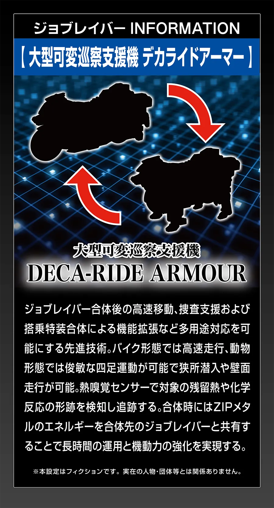 ジョブレイバー INFORMATION｜【大型可変巡察支援機 デカライドアーマー】｜ジョブレイバー合体後の高速移動、捜査支援および搭乗特装合体による機能拡張など多用途対応を可能にする先進技術。バイク形態では高速走行、動物形態では俊敏な四足運動が可能で狭所潜入や壁面走行が可能。熱嗅覚センサーで対象の残留熱や化学反応の形跡を検知し追跡する。合体時にはZIPメタルのエネルギーを合体先のジョブレイバーと共有することで長時間の運用と機動力の強化を実現する。