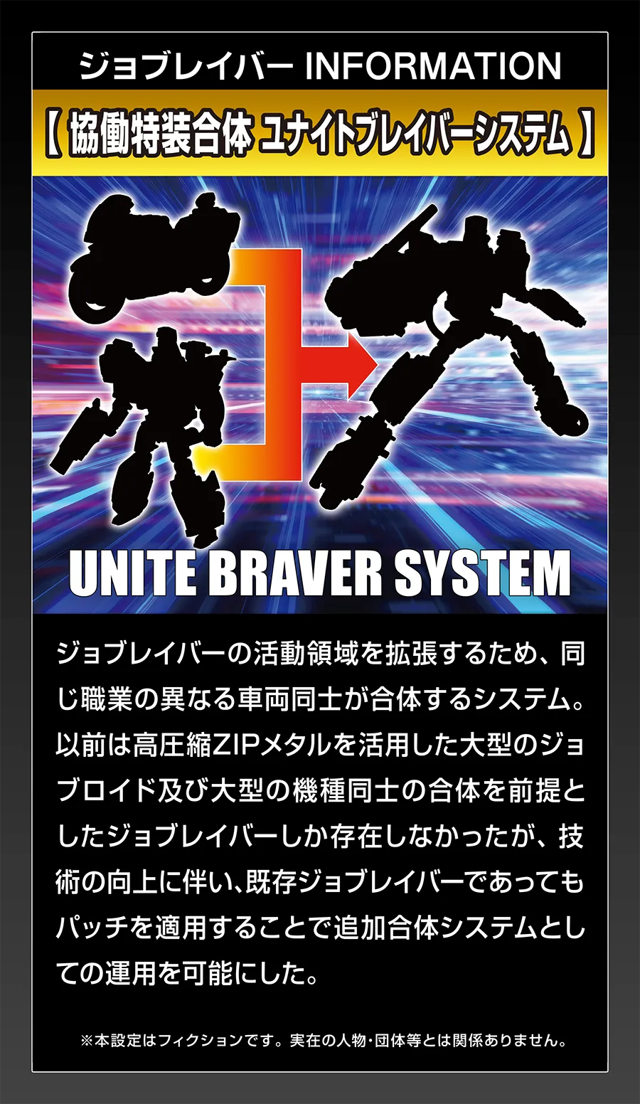 ジョブレイバー INFORMATION｜【協同特装合体 ユナイトブレイバーシステム】｜ジョブレイバーの活動領域を拡張するため、同じ職業の異なる車両同士が合体するシステム。以前は高圧縮ZIPメタルを活用した大型のジョブロイド及び大型の機種同士の合体を前提としたジョブレイバーしか存在しなかったが、技術の向上に伴い、既存ジョブレイバーであってもパッチを適用することで追加合体システムとしての運用を可能にした。