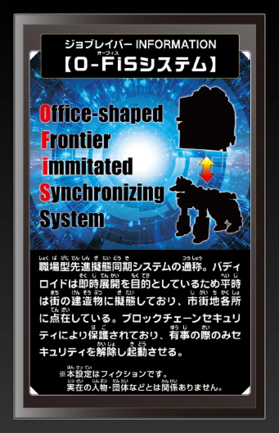 ジョブレイバー INFORMATION｜【O-FiSシステム】｜職場型先進擬態同期システムの通称。バディロイドは即時展開を目的としているため平時は町の建造物に擬態しており、市街地各所に点在している。ブロックチェーンセキュリティにより保護されており、有事の際のみセキュリティを解除し起動させる。｜※本設定はフィクションです。実在の人物・団体等とは関係ありません。