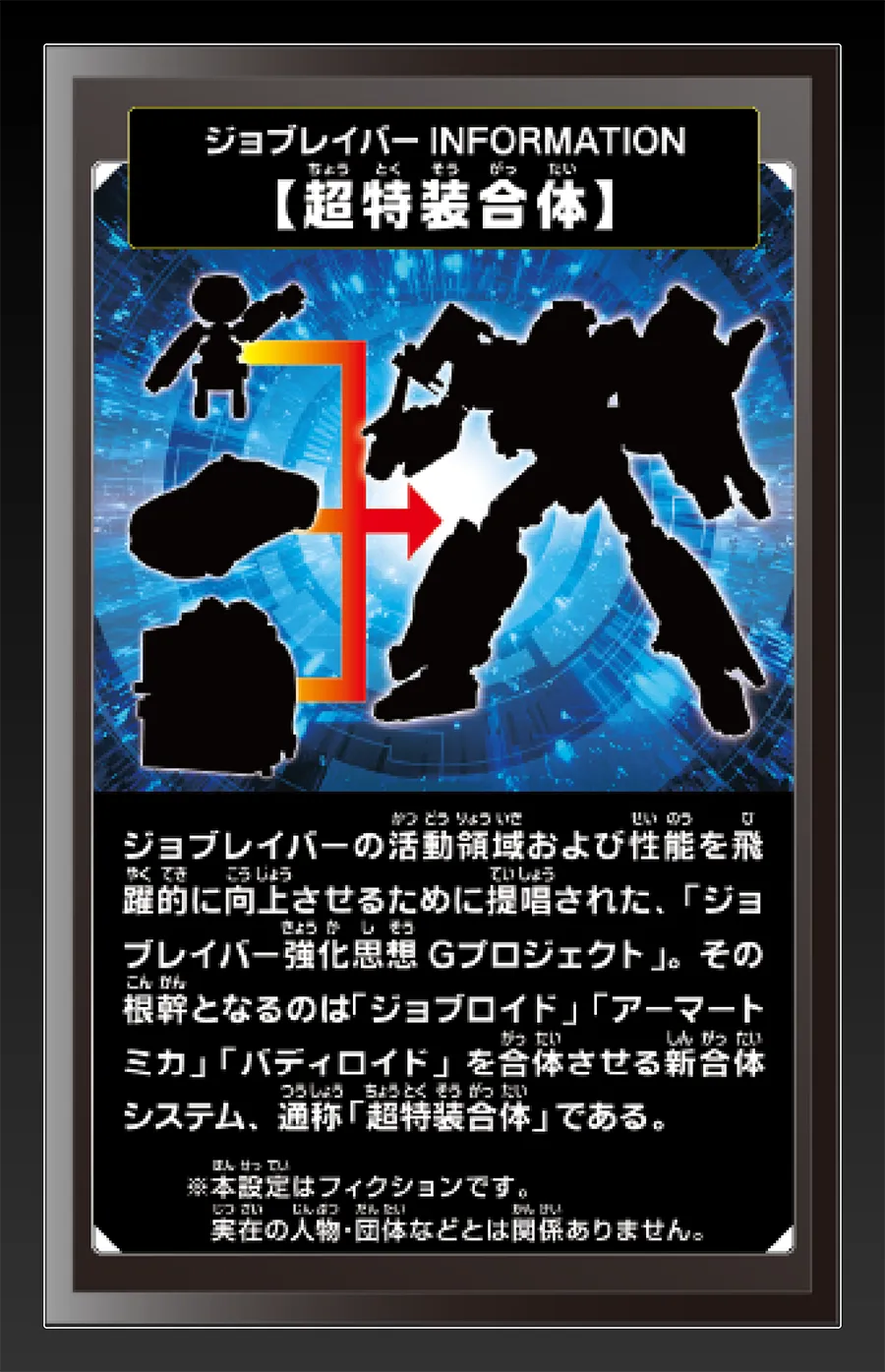 ジョブレイバー INFORMATION｜【超特装合体】｜ジョブレイバーの活動領域および性能を飛躍的に向上させるために提唱された、「ジョブレイバー強化思想Gプロジェクト」。その根幹となるのは「ジョブロイド」「アーマートミカ」「バディロイド」を合体させる新合体システム、通称「長特装合体」である。｜※本設定はフィクションです。実在の人物・団体等とは関係ありません。