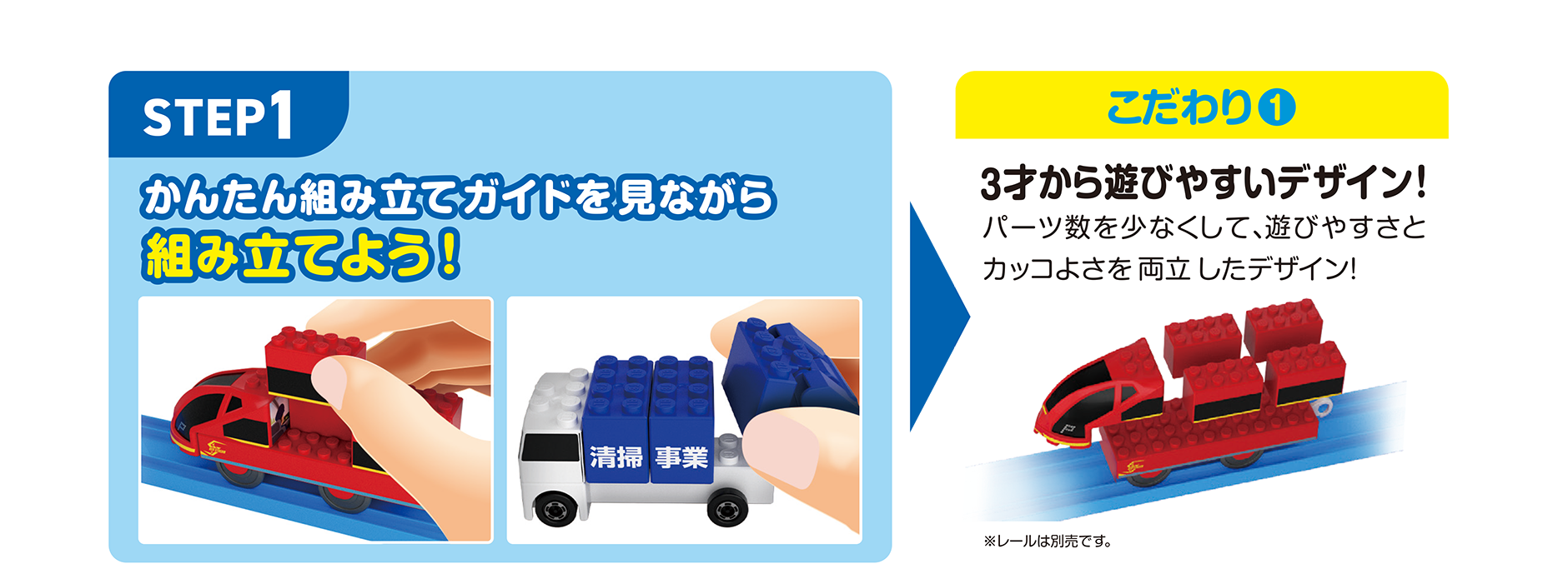 遊び方｜STEP1｜かんたん組み立てガイドを見ながら組み立てよう！ → こだわり(1)｜3才から遊びやすいデザイン！｜パーツ数を少なくして、遊びやすさとカッコよさを両立したデザイン！｜※レールは別売です。