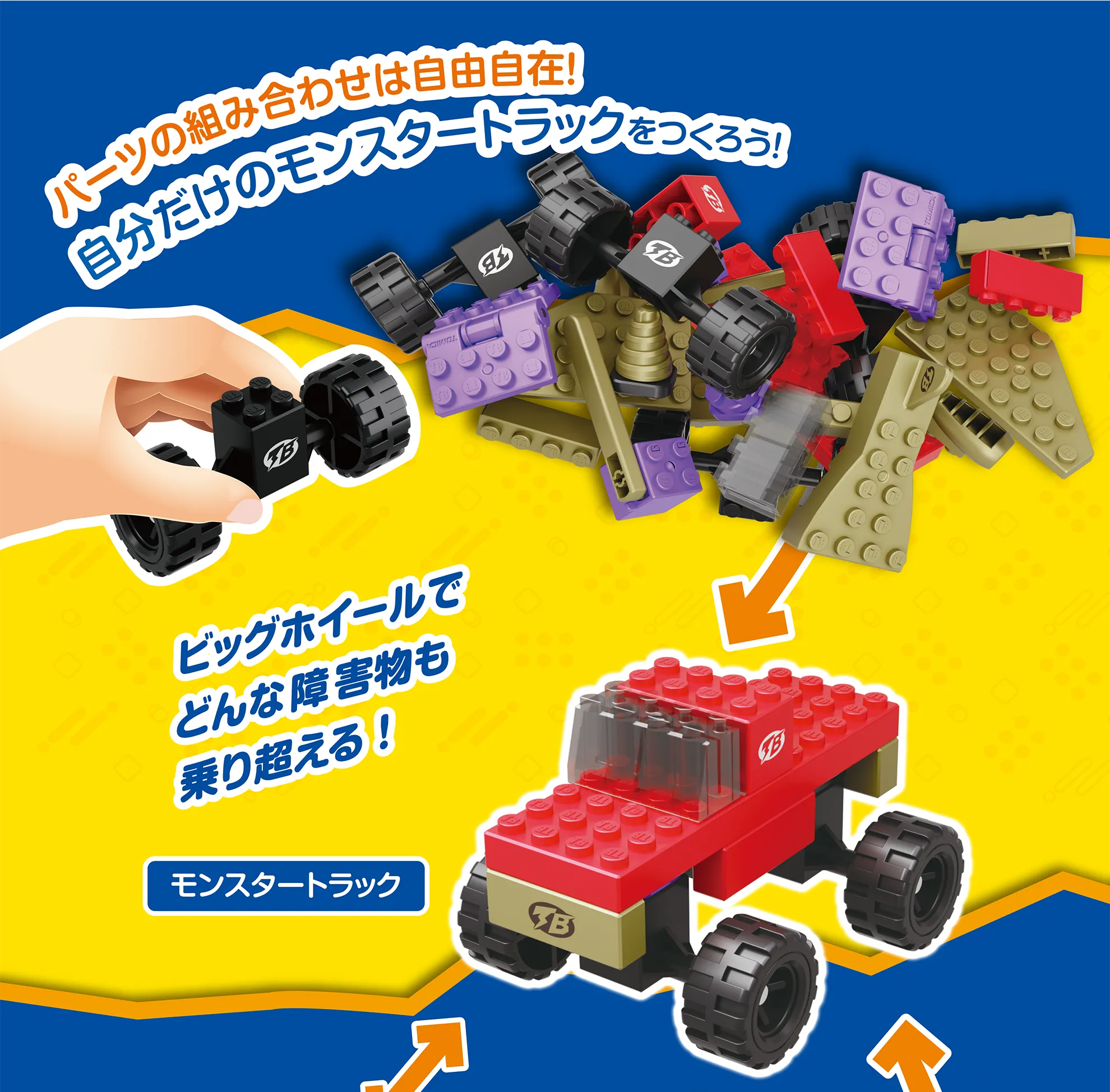 パーツの組み合わせは自由自在！「自分だけのモンスタートラックをつくろう！」｜→モンスタートラック「ビッグホイールでどんな障害物も乗り越える！」
