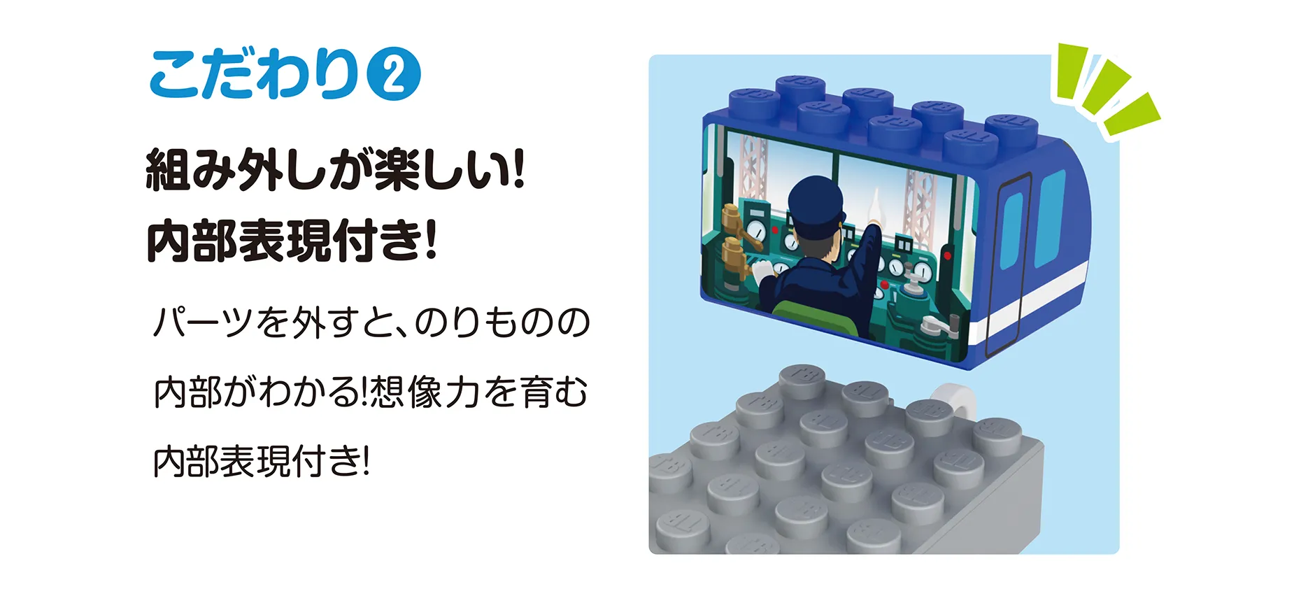 こだわり(2)｜組み外しが楽しい！内部表現付き！｜パーツを外すと、のりものの内部がわかる！想像力を育む内部表現付き！