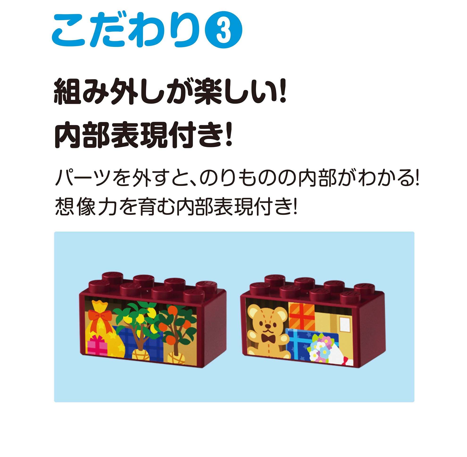 こだわり(3)｜組み外しが楽しい！ 内部表現付き！｜パーツを外すと、のりものの内部がわかる！ 想像力を育む内部表現付き！