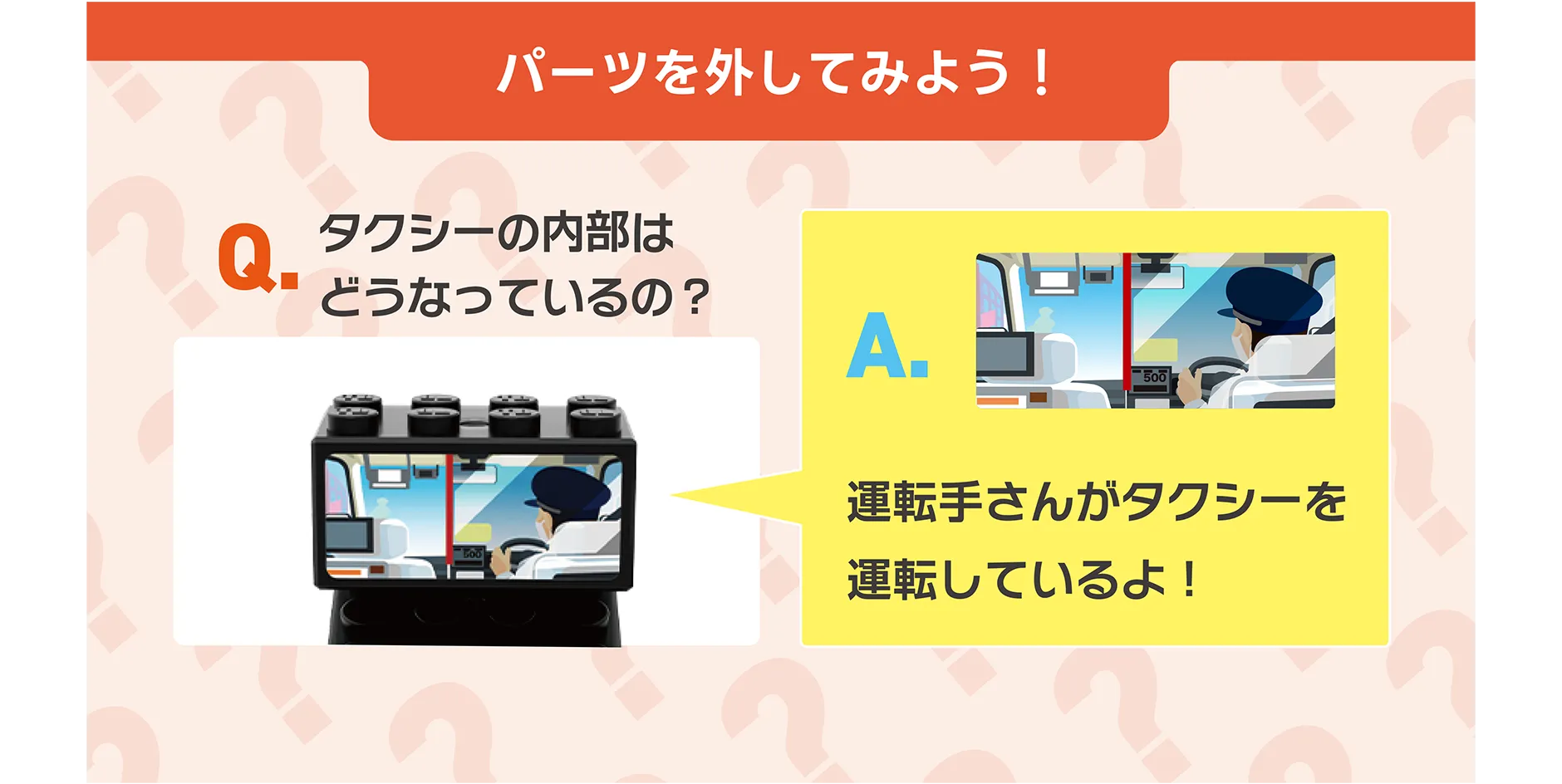 パーツを外してみよう！｜Q.タクシーの内部はどうなっているの？｜A.運転手さんがタクシーを運転しているよ！