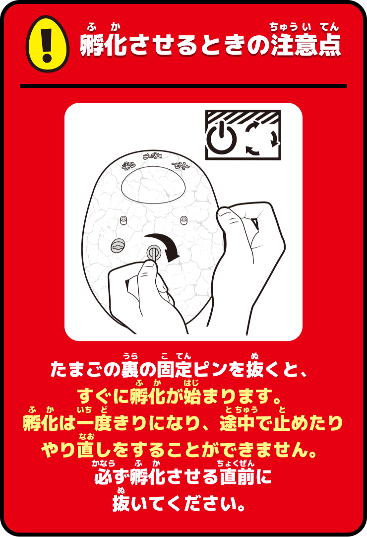 たまごの裏の固定ピンを抜くと、すぐに孵化が始まります。孵化は一度きりになり、途中で止めたりやり直しをすることができません。必ず孵化させる直前に抜いてください。