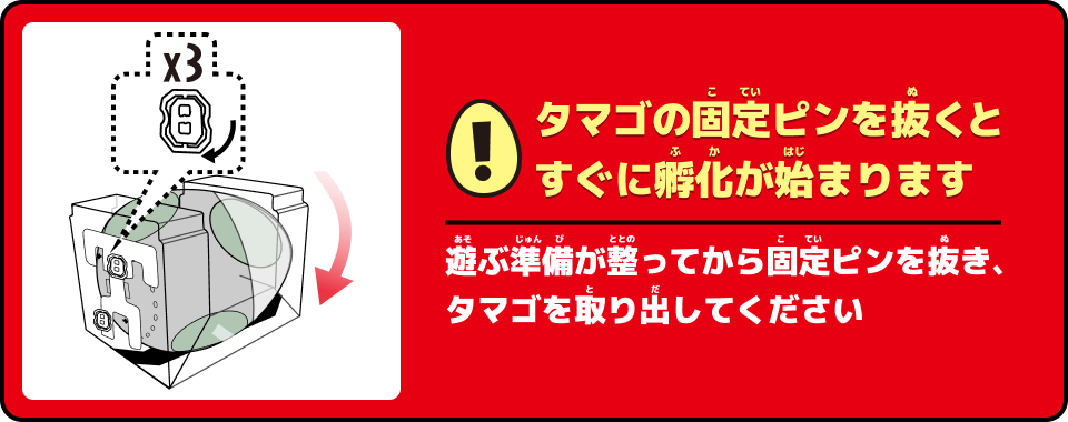 タマゴの固定ピンを抜くとすぐに孵化が始まります。遊ぶ準備が整ってから固定ピンを抜き、タマゴを取り出してください。